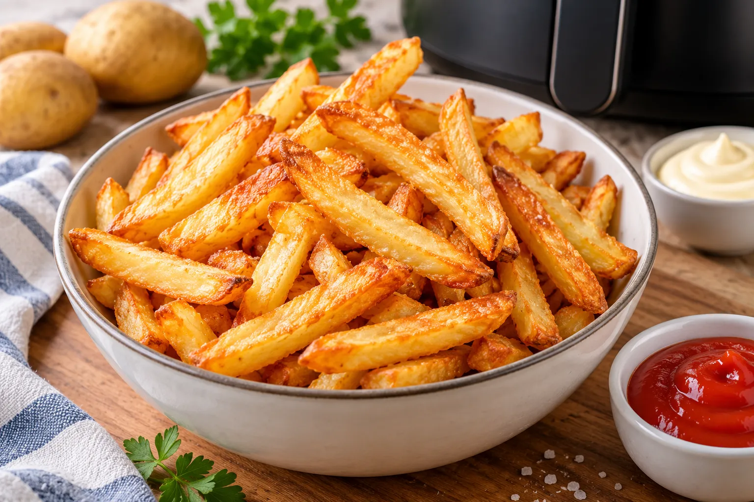 Kom met goudbruine, krokante frietjes uit de airfryer, geserveerd met saus.