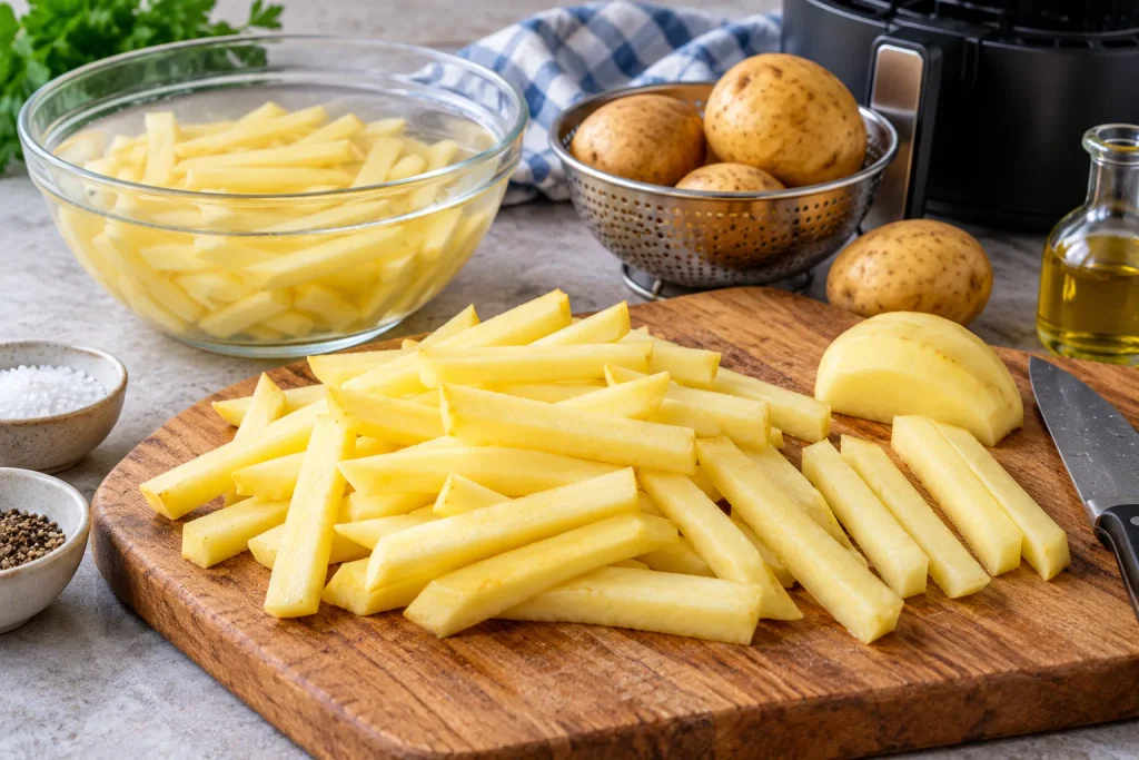 Vers gesneden aardappelfrietjes op een houten snijplank, met een kom water en aardappelen ernaast.